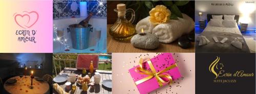 a collage of different pictures of different items at Ecrin d' Amour suite romantique avec Jacuzzi in Castels
