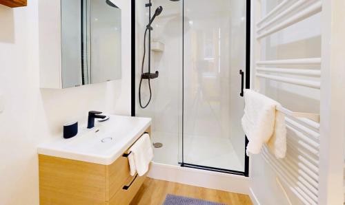 une salle de bain avec un lavabo et une douche dans l'établissement Le Louis - Lyon 1 - Studio Mezzanine, à Lyon