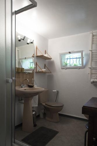une salle de bain avec un lavabo et des toilettes et une fenêtre dans l'établissement La Villa Plaisance - maison et Chambres d hôtes à proximité de Châteaneuf-du-Pape, à Bédarrides