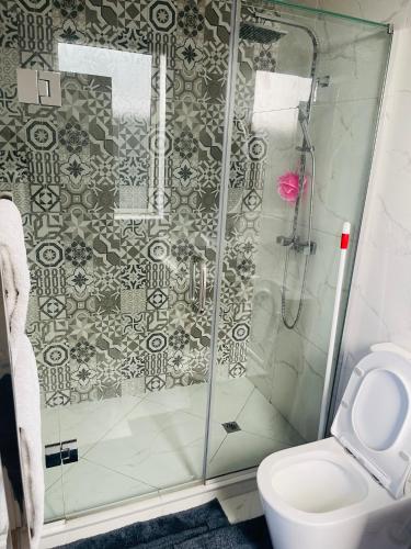 a bathroom with a shower and a toilet at Flat bush holiday apartment in Auckland