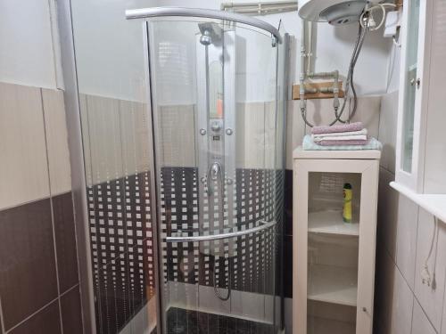 リエパーヤにあるComfy 1-room apartment near bus stationの浴室のガラス扉付きシャワー