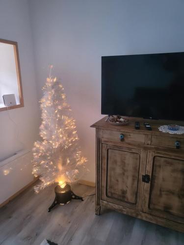 - un arbre de Noël blanc dans un salon avec une télévision dans l'établissement Location saisonnière La Berbère, à Tauves