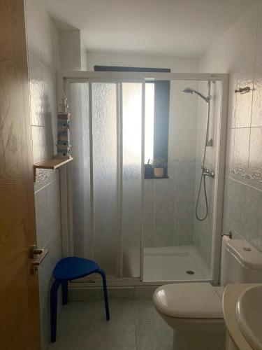 a bathroom with a shower with a blue stool in it at Acogedor apartamento con terraza in Cedeira