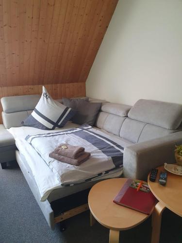 a bed sitting next to a couch and two tables at Pension Waldblick in Grillenberg