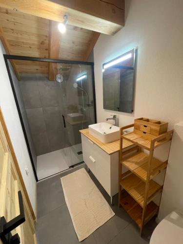 une petite salle de bain avec un lavabo et une douche dans l'établissement Charmant appartement sous combles, neuf, aux Gets