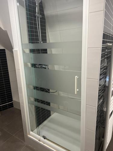 La salle de bains est pourvue d'une porte de douche en verre. dans l'établissement Les appartements du Koifhus, à Colmar