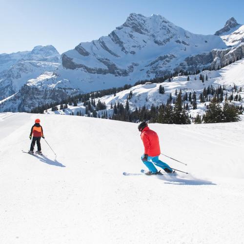 two people are skiing down a snow covered mountain at Ferienwohnung Bergzyt oder das Bed and Breakfast - Älplersuite mit eigenem Bad und Terrasse in Linthal