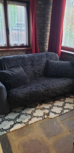 a gray couch sitting in a room with windows at Chalet 176, Durbuy PROMO in Durbuy