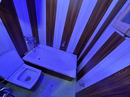 a bathroom with a white toilet and a sink at Dilnaaz group of houseboats in Srinagar