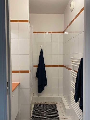 La salle de bains est pourvue d'une douche à l'italienne et de carrelage blanc. dans l'établissement Appartement spacieux et lumineux - Canal Saint Martin, à Paris