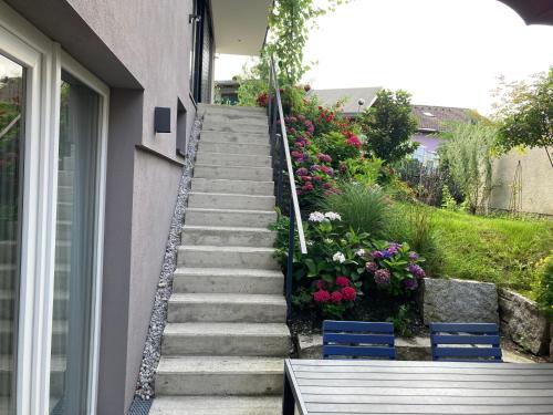 a set of stairs with two blue chairs and flowers at Top Apartment in Zentrumsnähe (Fußläufig) in Schwaz