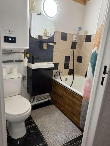 a bathroom with a toilet and a sink and a tub at Votre havre de paix avec vue sur la forêt in Bellevaux
