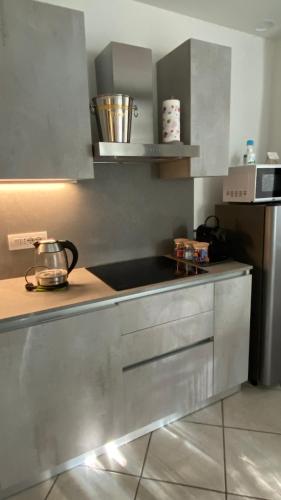 a kitchen with stainless steel cabinets and a counter top at Appartamento Al Vicolo in Levico Terme