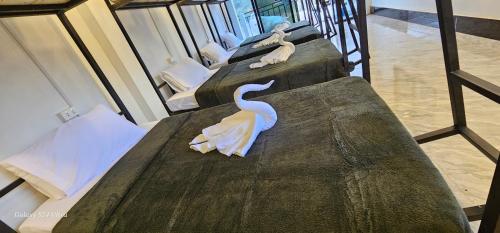 un grupo de tres camas en una habitación en INN RIVERSIDE HOSTEL Pb, en Pakbeng