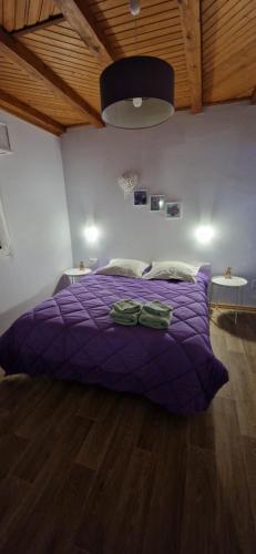 - un lit avec une couette violette dans une chambre dans l'établissement Gîtes les Coquelicots d'Alsace, à Morsbronn-les-Bains