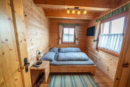 a bed in a wooden room with a desk and a bed in a cabin at Ferienhütte Schober Alm in Ranach
