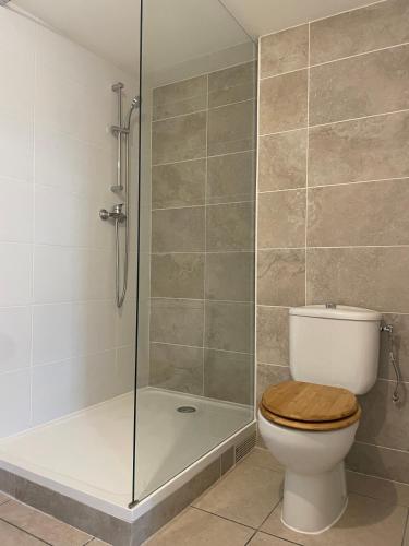 a bathroom with a toilet and a glass shower at Marquise in Saint-Denis