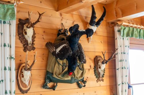 a group of antlers hanging on a wall at Ferienhütte Schober Alm in Ranach