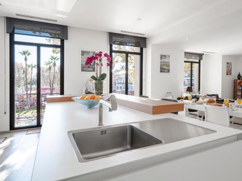 une cuisine avec un évier et un plan de travail dans l'établissement La dame de France - Perpignan, à Perpignan