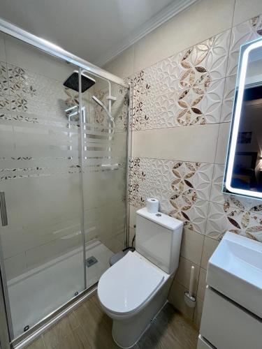 a bathroom with a toilet and a shower at Apartamentos Rey 2 in Prado del Rey