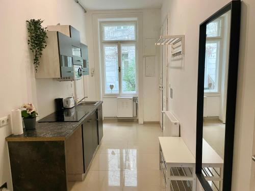 a kitchen with a sink and a counter top at Cosy Apartment with Terrace & Free Parking in Vienna