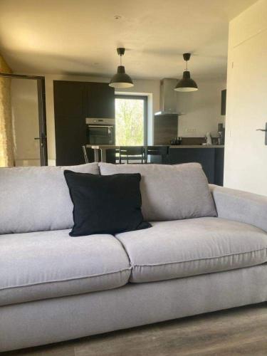 a gray couch in a living room with a kitchen at le chant des Verdiers in Saint-Aubin-de-Nabirat