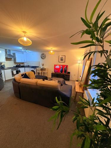 a living room with a couch and a tv at 2 bedroom 2 bathroom ground floor apartment in central location in Warrington