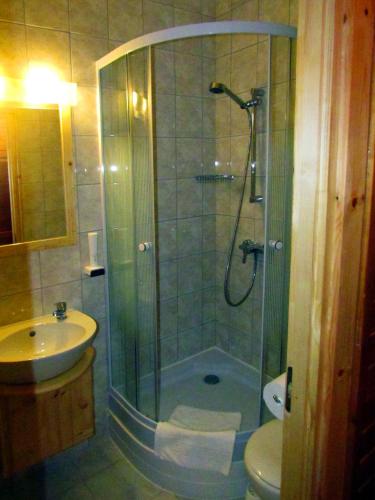 a bathroom with a shower and a sink at Odvaskő Panzió in Ugod