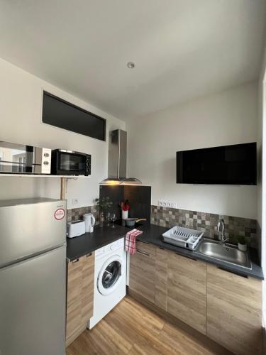 une cuisine avec un évier et une machine à laver dans l'établissement L'ÉCRIN DE VICHY - Hypercentre - Thermes & Parcs - Ancien Palace, à Vichy