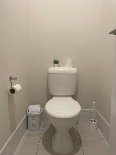a white bathroom with a toilet with a plant on top at Enchanting Griffin Retreat Memorable Stay Awaits in Griffin