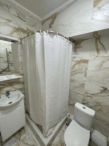 a bathroom with a toilet and a shower curtain at Апартаменти в центрі міста in Poltava