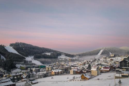 a town in the snow with mountains in the background at Hotel Podgorie Spa in Bukovel