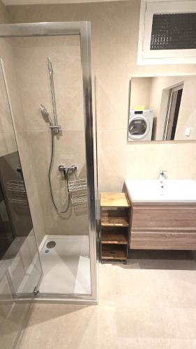 une salle de bain avec douche et lavabo dans l'établissement 