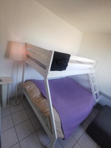Ce lit superposé se trouve dans un dortoir doté d'un lit violet. dans l'établissement Canet-Beach, à Canet