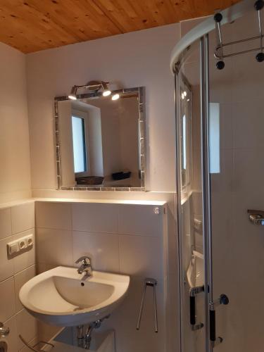 a bathroom with a sink and a shower with a mirror at Haus Sunnawind in Wallgau