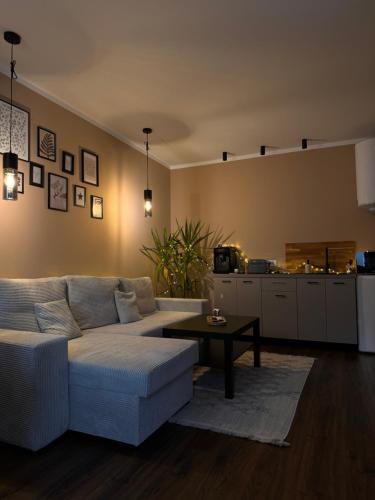 a living room with a couch and a table at Peak Nest Rasnov in Râşnov