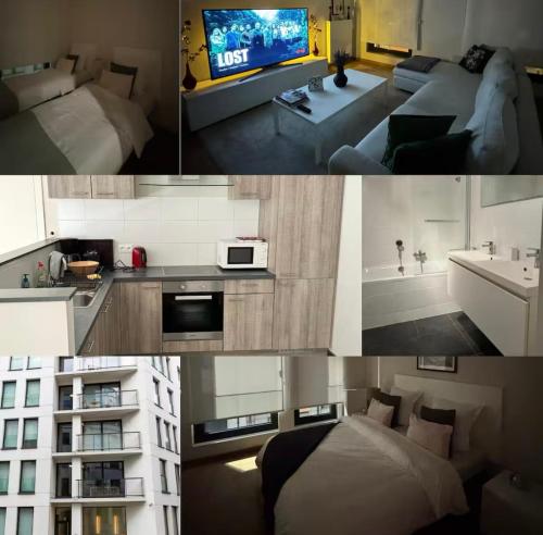 un collage di foto di un soggiorno e di un appartamento di Le Refuge Historique WIFI - Parking - Confort a Bruxelles