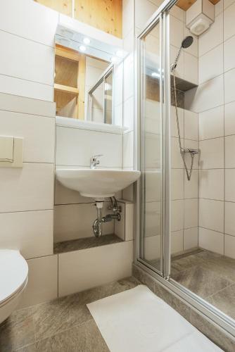 a bathroom with a sink and a shower at Gästehaus Aquilin in Sankt Pölten