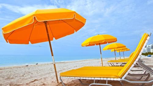 a group of chairs and umbrellas on a beach at 6415 Midnight Pass #307 in Siesta Key