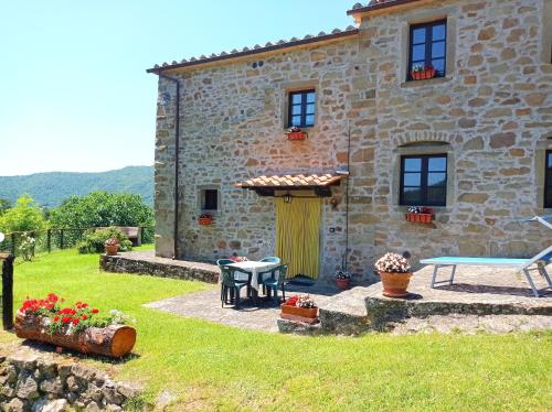a stone house with a table and a bench in front of it at Agriturismo la Coccinella in Poggioni