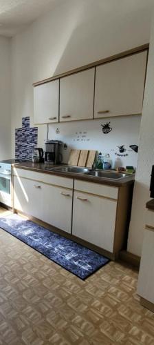 a kitchen with white cabinets and a counter top at Stellas Monteurswohnungen in Crimmitschau
