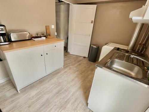 une cuisine avec un évier et un plan de travail dans l'établissement Studio avec cuisine, salle de bain et garage privé proximité 24h, au Mans