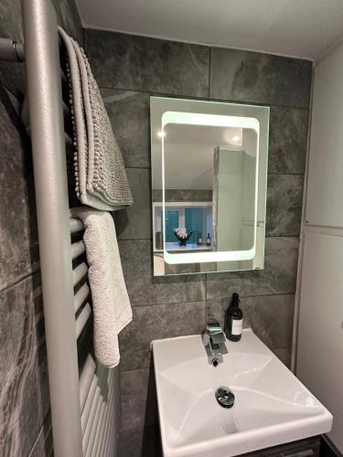 a bathroom with a sink and a mirror at Ladybird Cottage in Barrowford