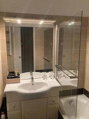 une salle de bain avec un lavabo, un miroir et une baignoire dans l'établissement Studio Casa Cosy, à Saint-Laurent-du-Var