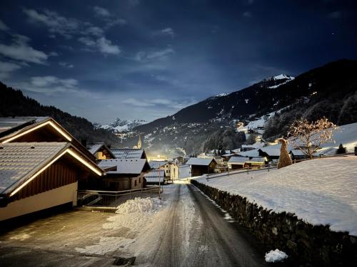 a village covered in snow with mountains in the background at Gästehaus Fitsch - Ferienwohnung in Silbertal in Silbertal