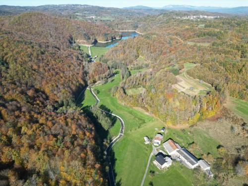 an aerial view of a house in a forest at Posestvo Brida - Brkini Hills by the Lakes in Ilirska Bistrica