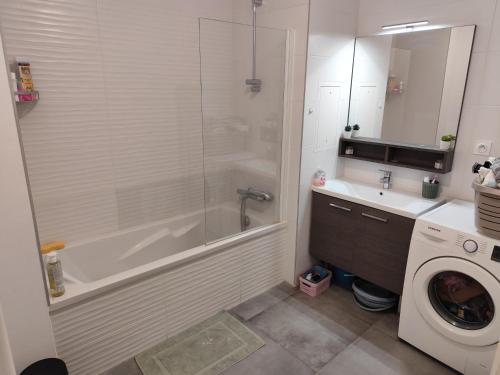 La salle de bains est pourvue d'une baignoire et d'un lave-linge. dans l'établissement Chambre cosy à Villeurbanne, à Villeurbanne