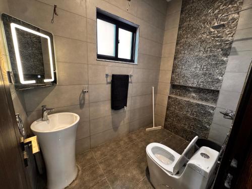 a bathroom with a sink and a toilet in it at Bridge Residency-2 Top City-1 Islamabad in Islamabad