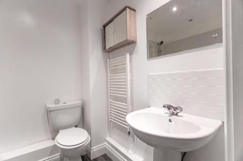 a white bathroom with a toilet and a sink at Contractors - Spacious - Long Stays in Swindon