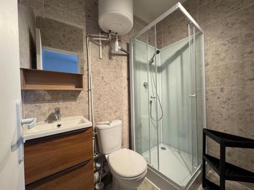 une salle de bain avec une douche, des toilettes et un lavabo dans l'établissement Studio Cosy 1 Chambre Proche Paris & Versailles, à Les-Loges-en-Josas